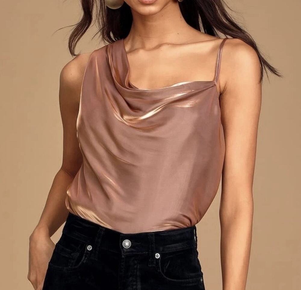 Free People Women's One Shoulder Satin Cowl Neck Top Dusty Mauve NWT
